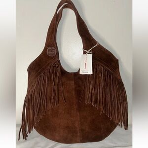 NEW! LUCKY BRAND Genuine Suede Leather Nyra Fringe Hobo Tote Bag Brown